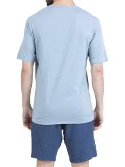Pyjama court en coton bleu uni pourvu d'une coupe droite et d'un col tunisien