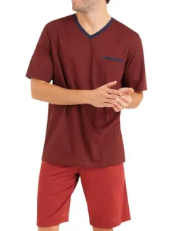 Pyjama court en coton bordeaux imprimé avec une coupe droite et un col V