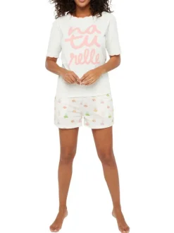 Pyjama court en coton écru imprimé filets à fruits avec un col rond