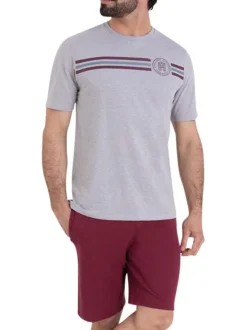 Pyjama court en coton gris avec logo imprimé bordeaux et un col rond