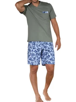 Pyjama court en coton kaki avec un imprimé fleuri et une coupe fermée