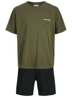 Pyjama court en coton kaki pourvu du logo de la marque sur la poitrine