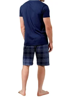 Pyjama court en coton marine à carreaux avec une coupe droite et un col v