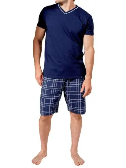 Pyjama court en coton marine à carreaux avec une coupe droite et un col v