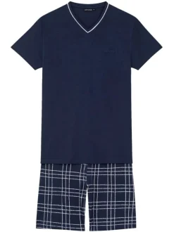Pyjama court en coton marine à carreaux avec une coupe droite et un col v