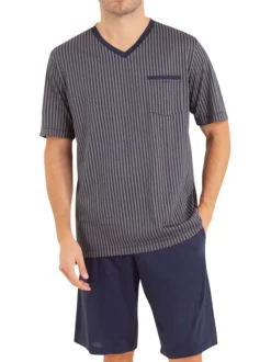 Pyjama court en coton marine imprimé avec coupe droite et col V Made in France