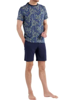 Pyjama court en coton marine imprimé avec une col rond et des manches courtes