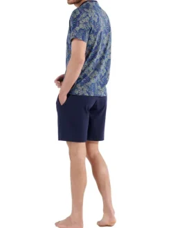 Pyjama court en coton marine imprimé avec une col rond et des manches courtes