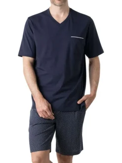 Pyjama court en coton marine à motifs pourvu d'une coupe droite