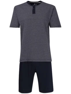 Pyjama Court en coton marine rayé coupe droite avec un col tunisien et 2 boutons au col
