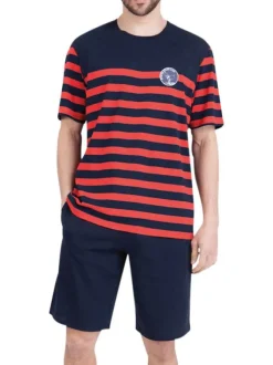 Pyjama court en coton marine à rayures pourvu d'une coupe droite