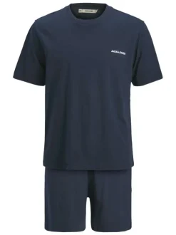 Pyjama Court en coton marine uni avec une coupe fermée et un col rond