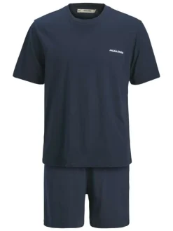 Pyjama Court en coton marine uni avec une coupe fermée et un col rond