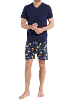 Pyjama court en coton marine uni avec une coupe fermée et un col v
