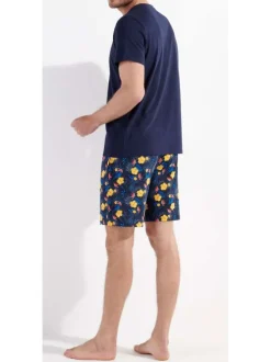 Pyjama court en coton marine uni avec une coupe fermée et un col v
