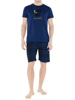 Pyjama Court en coton marine vichy coupe régular avec un col rond et des liens jaunes à resserrer à la taille
