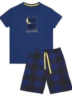 Pyjama Court en coton marine vichy coupe régular avec un col rond et des liens jaunes à resserrer à la taille