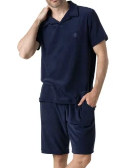 Pyjama court en coton mélangé marine uni pourvu d'un col à revers