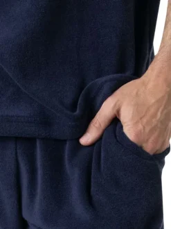 Pyjama court en coton mélangé marine uni pourvu d'un col à revers