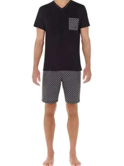 Pyjama court en coton noir imprimé géiométrique avec coupe fermée et col v