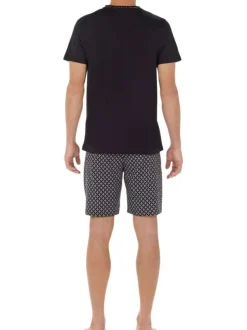 Pyjama court en coton noir imprimé géiométrique avec coupe fermée et col v