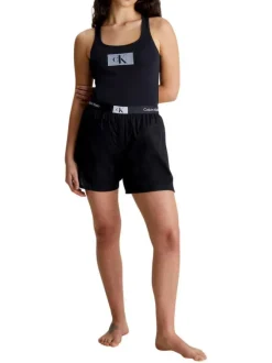 Pyjama court en coton noir uni coupe droite col rond et ceinture élastiquée