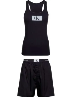 Pyjama court en coton noir uni coupe droite col rond et ceinture élastiquée