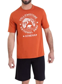 Pyjama court en coton orange et noir uni à coupe droite avec un imprimé