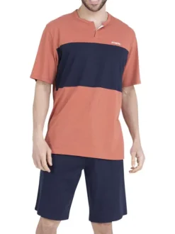 Pyjama court en coton orange uni pourvu d'une coupe droite et d'un col tunisien