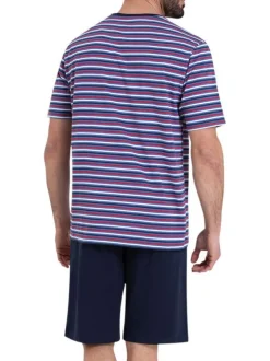 Pyjama court en coton rouge et bleu marine à rayures et à coupe droite