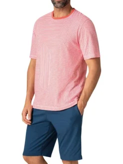 Pyjama court en coton rouge rayé à coupe fermée un col rond et made in France