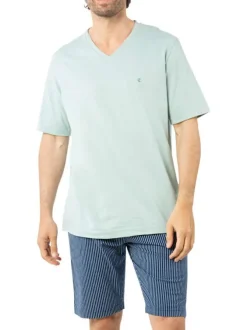 Pyjama court en coton vert d'eau à rayures avec un col v et une coupe droite