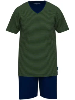Pyjama Court en coton vert uni col v avec une poche plaquée à l'arrière