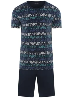 Pyjama court marine en coton avec logo all-over coupe droite col rond à manches courtes