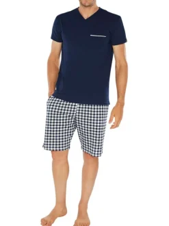 Pyjama court marine en coton avec une coupe fermée à motifs carreaux