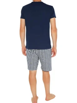 Pyjama court marine en coton avec une coupe fermée à motifs carreaux