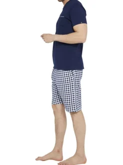 Pyjama court marine en coton avec une coupe fermée à motifs carreaux