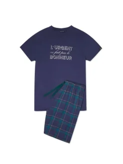Pyjama court marine en coton coupe droite