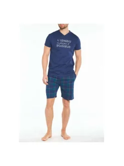 Pyjama court marine en coton coupe droite