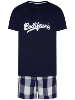Pyjama court marine en coton fantaisie coupe fermée avec un col rond et un floquage poitrine