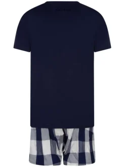 Pyjama court marine en coton fantaisie coupe fermée avec un col rond et un floquage poitrine