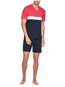 Pyjama court marine, rouge et blanc en coton uni coupe droite col v à manches courtes avec logo brodé poitrine