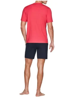Pyjama court marine, rouge et blanc en coton uni coupe droite col v à manches courtes avec logo brodé poitrine