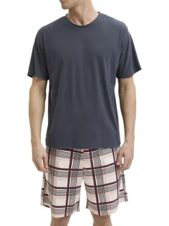 Pyjama Court marine uni à coupe fermée avec un col rond et des manches courtes