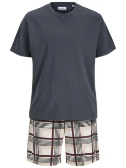 Pyjama Court marine uni à coupe fermée avec un col rond et des manches courtes