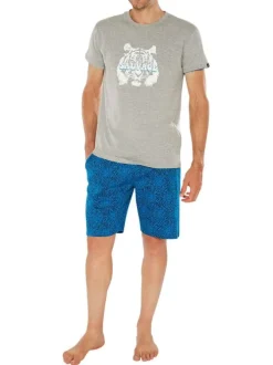 Pyjama court multicolore en coton fantaisie avec une coupe fermée, un col rond et des motifs tigres