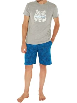 Pyjama court multicolore en coton fantaisie avec une coupe fermée, un col rond et des motifs tigres