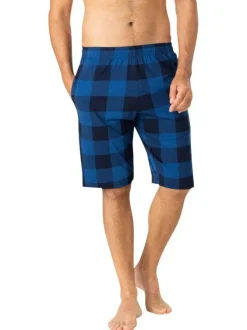 Pyjama en coton bleu à carreaux avec un col tunisien et des manches courtes