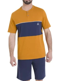 Pyjama en coton bleu marine et jaune pourvu de manches courtes