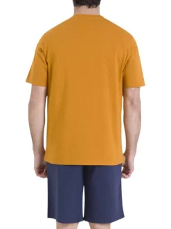 Pyjama en coton bleu marine et jaune pourvu de manches courtes